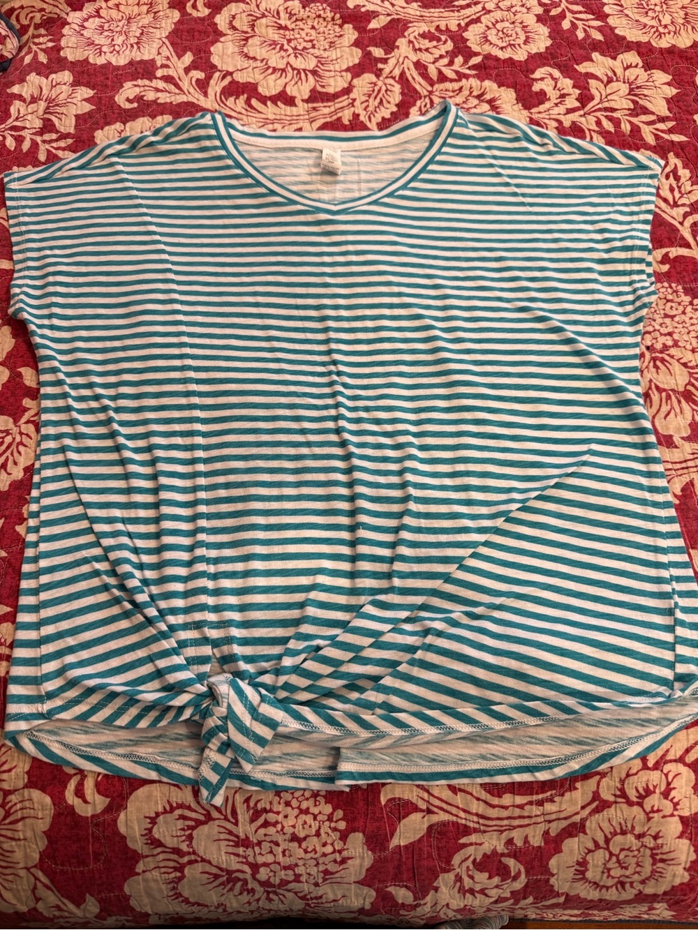 Three Hearts Striped V-Neck Tie-Front Tee in Teal & White